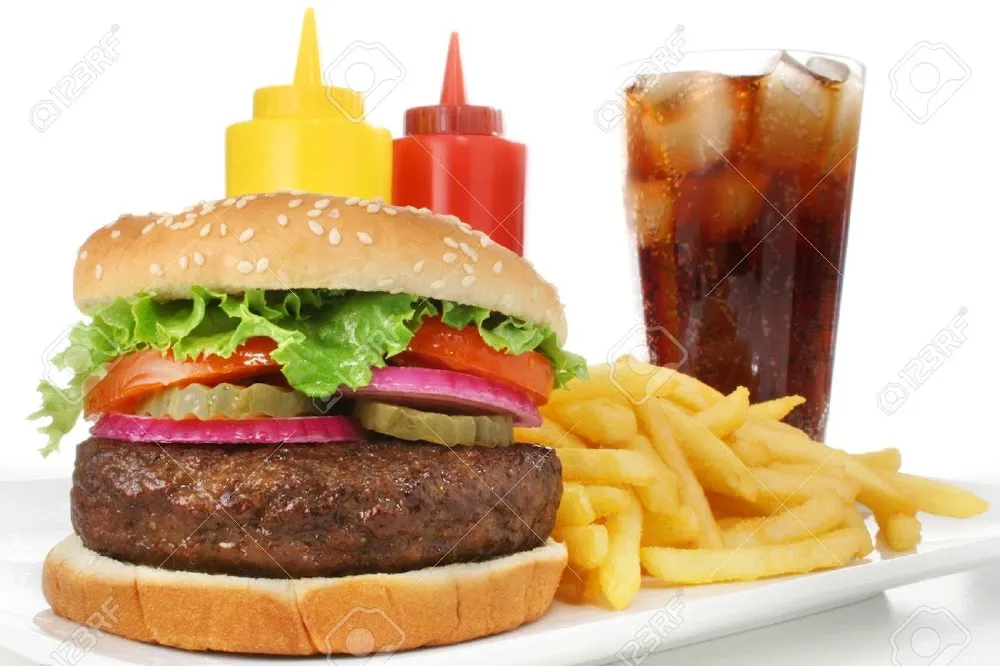 Burger Served w French Fries Lettuce Tomato American Cheese and Onions
